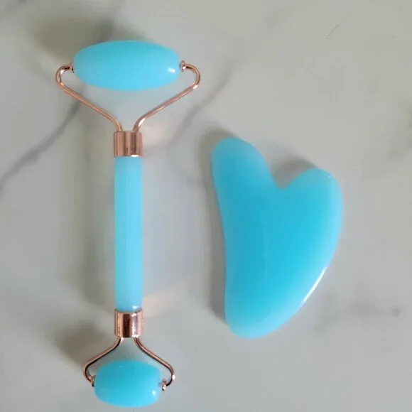 Facial Roller & Gua Sha Set Skin Massager Tools for Face & Neck Teal Blue - Picture 2 of 4